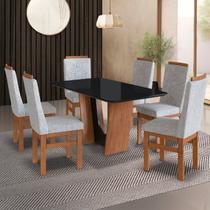 Conjunto Sala de Jantar Mesa 90x160cm T Vidro com 6 Cadeiras Madeira Maciça Tecido Joli Canela/ Cinza/ Preto - Móveis Zamarchi