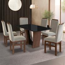 Conjunto Sala de Jantar Mesa 90x160cm T Vidro com 6 Cadeiras Madeira Maciça Tecido Joli Canela/Joli Creme/Vidro preto