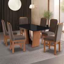 Conjunto Sala de Jantar Mesa 90x160cm T Vidro com 6 Cadeiras Madeira Maciça Tecido Joli Marrom/Canela/Preto Conjunto Sala de Jantar Mesa 90x160cm T Vidro com 6 Cadeiras Madeira Maciça Tecido Joli Marrom/Canela/Preto