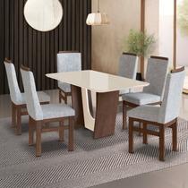 Conjunto Sala de Jantar Mesa 90x160cm T Vidro com 6 Cadeiras Madeira Maciça Tecido Joli Conjunto Sala de Jantar Mesa 90x160cm T Vidro com 6 Cadeiras Madeira Maciça Tecido Joli