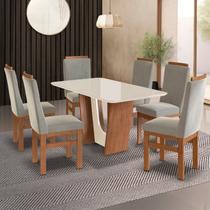 Conjunto Sala de Jantar Mesa 90x160cm T Vidro com 6 Cadeiras Madeira Maciça Tecido Joli Off White/Canela/Creme Conjunto Sala de Jantar Mesa 90x160cm T Vidro com 6 Cadeiras Madeira Maciça Tecido Joli Off White/Canela/Creme