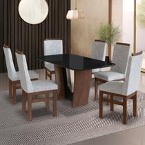 Conjunto Sala de Jantar Mesa 90x160cm T Vidro com 6 Cadeiras Madeira Maciça Tecido Linho Cinza/Tabaco/Preto
