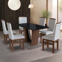 Conjunto Sala de Jantar Mesa 90x160cm T Vidro com 6 Cadeiras Madeira Maciça Tecido Linho Tabaco/Cinza/Vidro preto - Móveis Zamarchi