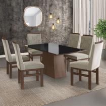 Conjunto Sala de Jantar Mesa 90x160cm Tampo Vidro com 6 Cadeiras Madeira Maciça Tecido Joli Marrom/Tabaco/Preto