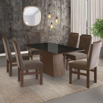Conjunto Sala de Jantar Mesa 90x160cm Tampo Vidro com 6 Cadeiras Madeira Maciça Tecido Joli Marrom/Tabaco/Preto