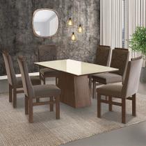 Conjunto Sala de Jantar Mesa 90x160cm Tampo Vidro com 6 Cadeiras Madeira Maciça Tecido Joli Zamarchi