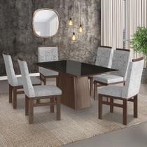 Conjunto Sala de Jantar Mesa 90x160cm Tampo Vidro com 6 Cadeiras Madeira Maciça Tecido Linho Marrom/Tabaco/Preto Conjunto Sala de Jantar Mesa 90x160cm Tampo Vidro com 6 Cadeiras Madeira Maciça Tecido Linho Marrom/Tabaco/Preto