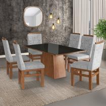 Conjunto Sala de Jantar Mesa 90x160cm Tampo Vidro com 6 Cadeiras Madeira Maciça Tecido Linho Zamarch
