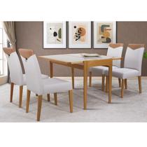 Conjunto Sala de Jantar Mesa Aparador Extensível 53x106 Tampo Vidro e 04 Cadeiras Estofada Marrom/Amêndoa