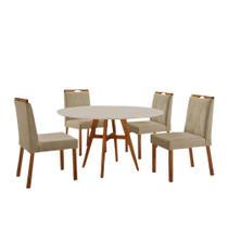 Conjunto Sala de Jantar Mesa Atenas Madeira Maciça 110cm Tampo Redondo Vidro Off White com 4 Cadeiras Bela com Puxador Móveis Minas
