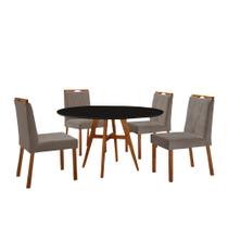 Conjunto Sala de Jantar Mesa Atenas Madeira Maciça 110cm Tampo Redondo Vidro Preto com 4 Cadeiras Bela com Puxador Móveis Minas