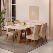 Conjunto Sala de Jantar Mesa com 4 Cadeiras Tampo Curvo 160cm Kiara Freijó/Off White Lídia Veludo Kraft - Dj Móveis