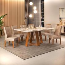 Conjunto Sala de Jantar Mesa com 6 Cadeiras Tampo Curvo 160cm Kiara Freijó/Off White Lídia Veludo Kraft - Dj Móveis Conjunto Sala de Jantar Mesa com 6 Cadeiras Tampo Curvo 160cm Kiara Freijó/Off White Lídia Veludo Kraft - Dj Móveis