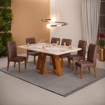 Conjunto Sala de Jantar Mesa com 6 Cadeiras Tampo Curvo 160cm Kiara Freijó/Off White Yasmin Veludo Moca - Dj Móveis Conjunto Sala de Jantar Mesa com 6 Cadeiras Tampo Curvo 160cm Kiara Freijó/Off White Yasmin Veludo Moca - Dj Móveis