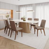 Conjunto Sala de Jantar Mesa com Tampo 100% MDF Vidro e Canto Arredondado com 8 Cadeiras Olívia