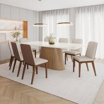 Conjunto Sala de Jantar Mesa com Tampo 100% MDF Vidro e Canto Arredondado com 8 Cadeiras Olívia Off White/Nature/Courano Caramelo/Linho Conjunto Sala de Jantar Mesa com Tampo 100% MDF Vidro e Canto Arredondado com 8 Cadeiras Olívia Off White/Nature/Courano Caramelo/Linho