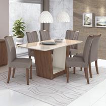 Conjunto Sala de Jantar Mesa com Tampo de Vidro 170cm e 6 Cadeiras Apogeu Móveis Lopas Imbuia Naturale/Off White/Velvet Soft Riscado