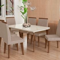 Conjunto Sala de Jantar Mesa com Tampo em Mdf com Vidro 6 Cadeiras Estofadas Pés em Madeira Maciça Conjunto Sala de Jantar Mesa com Tampo em Mdf com Vidro 6 Cadeiras Estofadas Pés em Madeira Maciça