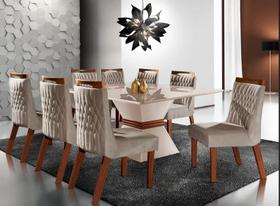 Conjunto Sala de jantar mesa Cronos 1,35x1,35 off white 8 Cadeira Atena pena bege LJ Móveis