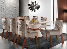 Conjunto Sala de jantar mesa Cronos off white em mdf 8 Cadeira Atena pena bege 1,35x1,35 - lj moveis