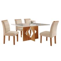 Conjunto Sala de Jantar Mesa Dakota Plus 120x80cm Tampo Vidro com 4 Cadeiras Laura Yescasa