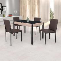 Conjunto Sala de Jantar Mesa Dubai 120x75cm Tampo Vidro com 4 Cadeiras Marrom/Carvalho/Preto/Linho