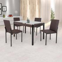 Conjunto Sala de Jantar Mesa Dubai 120x75cm Tampo Vidro com 4 Cadeiras Marrom/Preto/Linho Conjunto Sala de Jantar Mesa Dubai 120x75cm Tampo Vidro com 4 Cadeiras Marrom/Preto/Linho