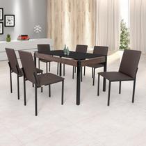Conjunto Sala de Jantar Mesa Dubai 140x80cm Tampo Vidro com 6 Cadeiras Preto/Linho Marrom Conjunto Sala de Jantar Mesa Dubai 140x80cm Tampo Vidro com 6 Cadeiras Preto/Linho Marrom