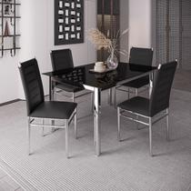 Conjunto Sala de Jantar Mesa Dubai Tampo Vidro com 4 Cadeiras Tokio Cromado/Preto
