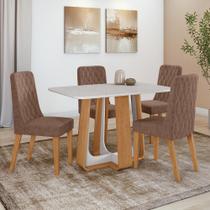Conjunto Sala de Jantar Mesa Easy Pop 120x80cm Tampo Vidro/MDF com 4 Cadeiras Seat Couro Morano Avelã Amendoa Clean/off White