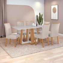 Conjunto Sala de Jantar Mesa Easy Pop 170x90cm Tampo Vidro/MDF com 6 Cadeiras Confort Boucle Bege Amendoa Clean/off White