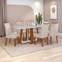 Conjunto Sala de Jantar Mesa Easy Pop 170x90cm Tampo Vidro/MDF com 6 Cadeiras Confort Boucle Bege Frassino/off White