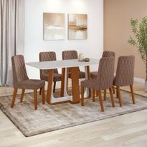 Conjunto Sala de Jantar Mesa Easy Pop 170x90cm Tampo Vidro/MDF com 6 Cadeiras Seat Couro Morano Avelã Frassino/Off White