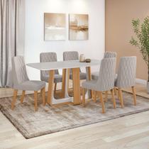 Conjunto Sala de Jantar Mesa Easy Pop 170x90cm Tampo Vidro/MDF com 6 Cadeiras Seat Veludo Liso Capuccino Amendoa/Off White