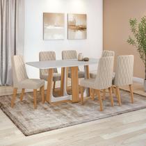 Conjunto Sala de Jantar Mesa Easy Pop 170x90cm Tampo Vidro/MDF com 6 Cadeiras Seat Veludo Naturale Creme Amendoa/Off White