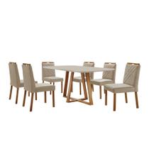 Conjunto Sala de Jantar Mesa Florença Madeira Maciça 160x90cm Tampo Retângular Vidro Off White com 6 Cadeiras Dallas com Puxador Móveis Minas