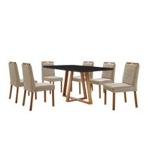 Conjunto Sala de Jantar Mesa Florença Madeira Maciça 160x90cm Tampo Retângular Vidro Preto com 6 Cadeiras Dallas com Puxador Móveis Minas