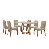 Conjunto Sala de Jantar Mesa Florença Madeira Maciça 180x90cm Tampo Retangular Vidro Off White com 6 Cadeiras Dallas com Puxador Móveis Minas