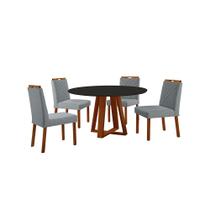 Conjunto Sala de Jantar Mesa Floripa 110cm Tampo Redondo Vidro/MDF Preto com 4 Cadeiras Dallas com Puxador - Móveis Minas