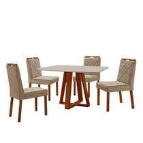 Conjunto Sala de Jantar Mesa Floripa Madeira Maciça 120x80cm Tampo Retângular Vidro Off White com 4 Cadeiras Dallas com Puxador Móveis Minas