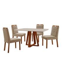 Conjunto Sala de Jantar Mesa Floripa Madeira Maciça 140x80cm Tampo Retângular Vidro Off White com 4 Cadeiras Dallas com Puxador Móveis Minas