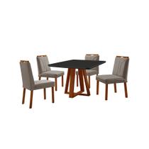 Conjunto Sala de Jantar Mesa Floripa Madeira Maciça 90x90cm Tampo Quadrado Vidro Preto com 4 Cadeiras Luna com Puxador Móveis Minas