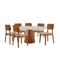 Conjunto Sala de Jantar Mesa Gênova 130cm Tampo Redondo Vidro/MDF Off White com 6 Cadeiras Valença - Móveis Minas