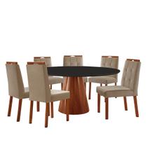 Conjunto Sala de Jantar Mesa Gênova Madeira Maciça 130cm Tampo Redondo Vidro Preto com 6 Cadeiras Ravenna com Puxador Móveis Minas