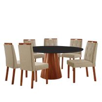 Conjunto Sala de Jantar Mesa Gênova Madeira Maciça 130cm Tampo Redondo Vidro Preto com 6 Cadeiras Ravenna com Puxador Móveis Minas