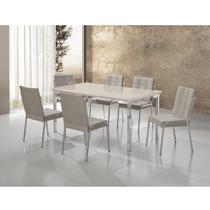 Conjunto Sala de Jantar Mesa Iza New Tampo MDF/Vidro 6 Cadeiras Natani New Yescasa Bege/Cromado/Off White