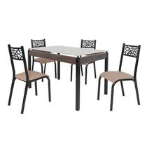 Conjunto Sala de Jantar Mesa Jade 120x75cm Tampo Vidro com 4 Cadeiras Marrom/Preto/Linho Bege Conjunto Sala de Jantar Mesa Jade 120x75cm Tampo Vidro com 4 Cadeiras Marrom/Preto/Linho Bege