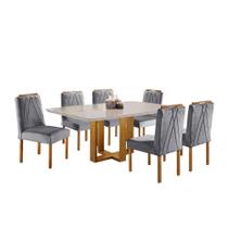 Conjunto Sala de Jantar Mesa Lisy Madeira Maciça e 6 Cadeiras Safira Veludo Cinza Profundo Móveis Mundial