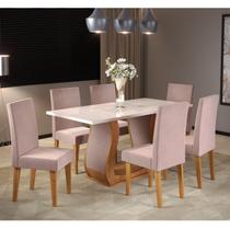 Conjunto Sala de Jantar Mesa Livia 160x80cm Tampo Vidro/mdf com 6 Cadeiras Venus Mel/Off White/Rosa