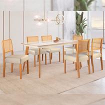 Conjunto Sala de Jantar Mesa Mad 160cm com 6 Cadeiras Versales estrutura em madeira Maciça e Tampo MDF/Vidro